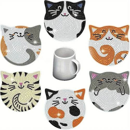 6 Pieces/set DIY Cat Rhinestone Painted Mosaic Drink Coaster, Wooden