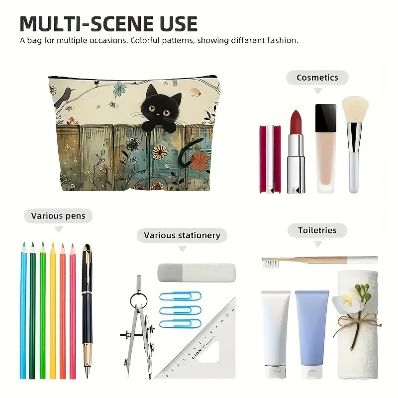Black Cat Floral Zipper Pouch - Durable, Fade-Resistant Cosmetic Bag,