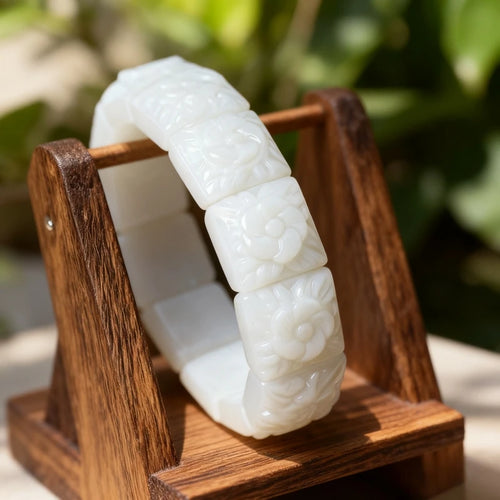 Real Jade Flower Bracelet Bangle Designer Vintage Natural Jewelry