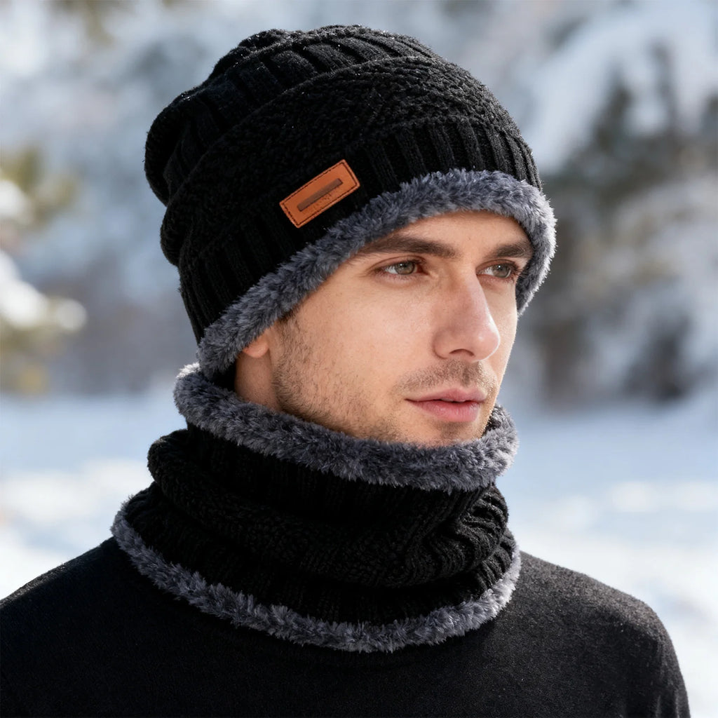 Autumn Winter Knitted Velvet Warm Set With Fleece Lined Knit Hat Scarf