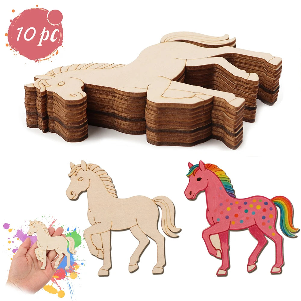 10pcs Unfinished Wood Animal Horse Cutouts,Wooden Craft Set for Wooden