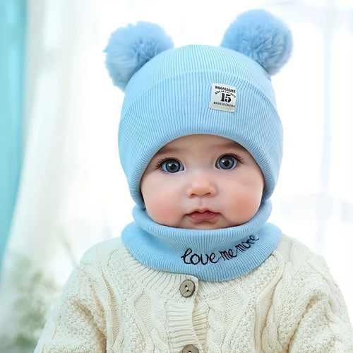2pcs Winter Baby Hat Scarf Set Toddler Girl Boy Cap Knitted Beanie Fur