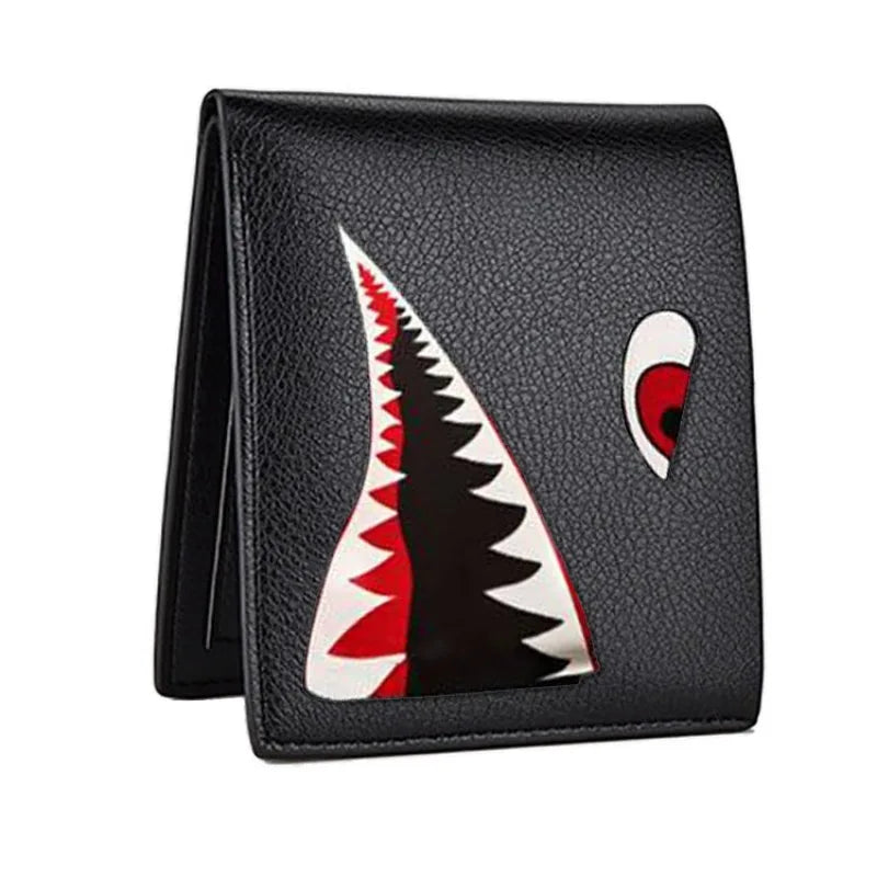 Men's Black Faux Leather Wallet with Shark Mouth Design Slim Credit