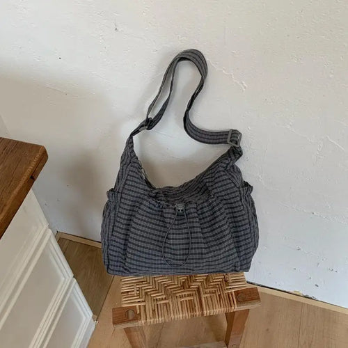 Korean Nylon Shoulder Bag Fashion Simple Plaid Zipper Tote Bag