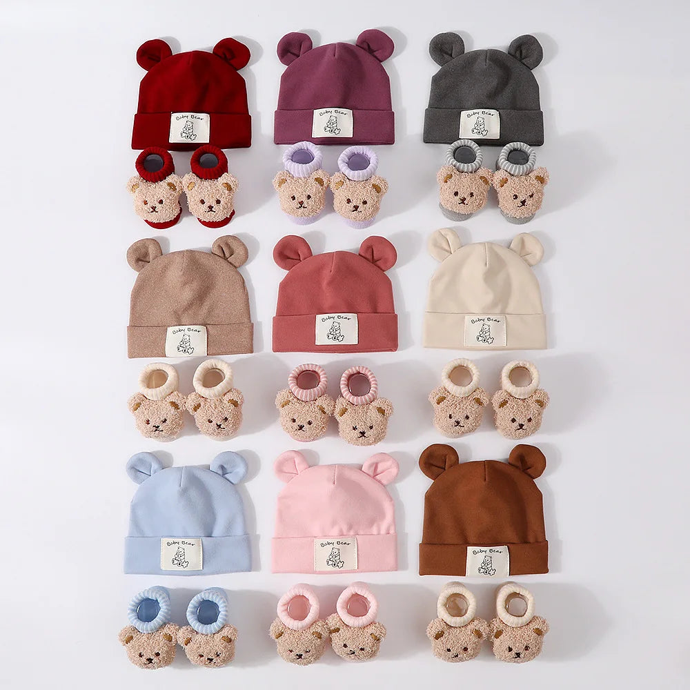 1Set Winter Bear Baby Warm Hats Socks For Newborn Autumn New Soft
