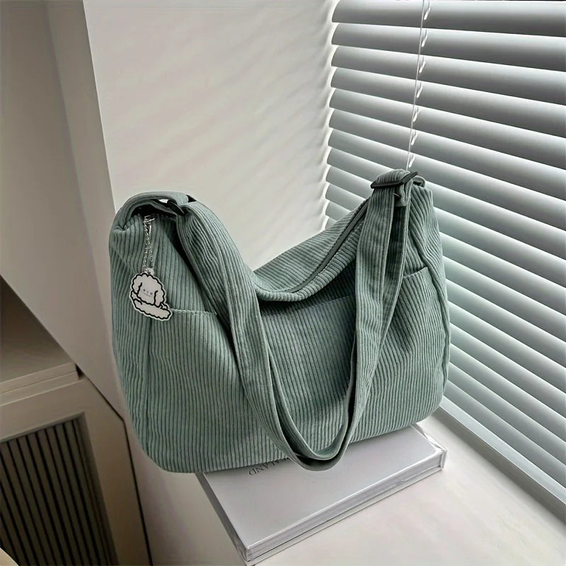 Women’s Corduroy Shoulder Bag, Casual Striped Large Capacity Tote with