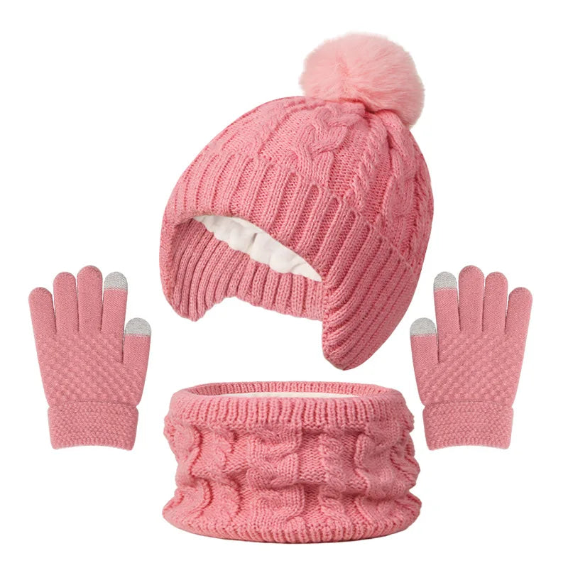 3Pcs Children Knitted Hat Scarf Gloves Set Fleece Lining Warm Kids
