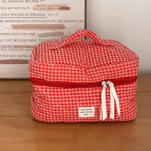 Women Large Capacity Checkered Cosmetic Bag Girls Cotton  Skincare