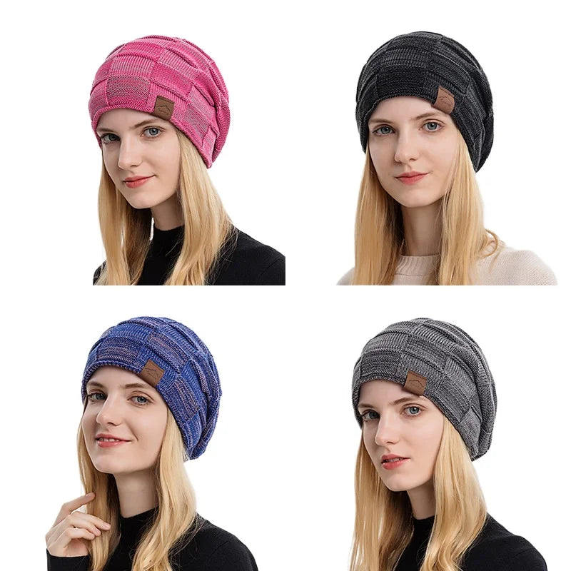 Winter Women's Knitted Beanie Hat, Warm Fleece Lined Plus Size Fashion