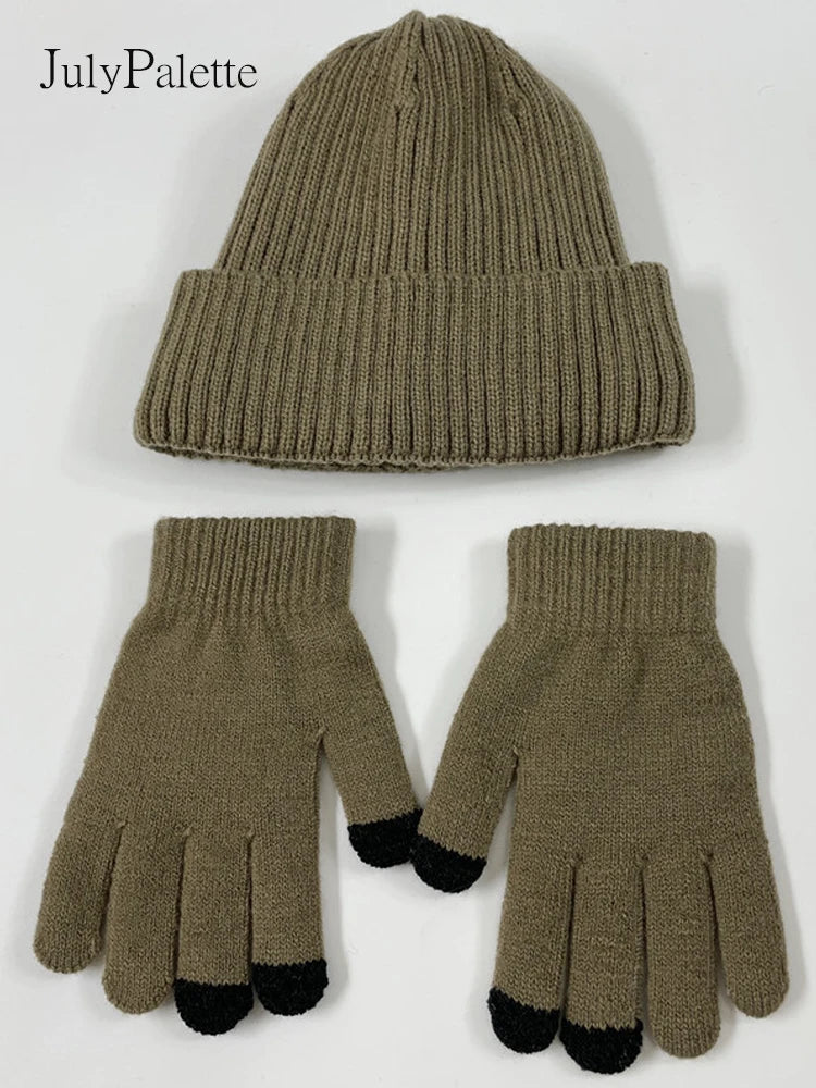 JulyPalette Solid Simple 3Pcs Knitted Set Winter Warm Beanie Hat Long