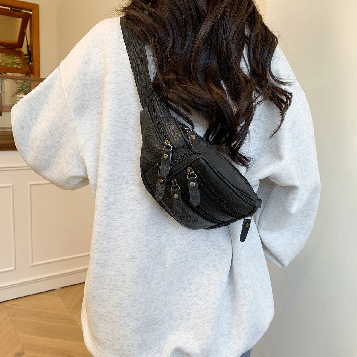 Leather Waist Bag Casual Small Square Hip Packs Crossbody