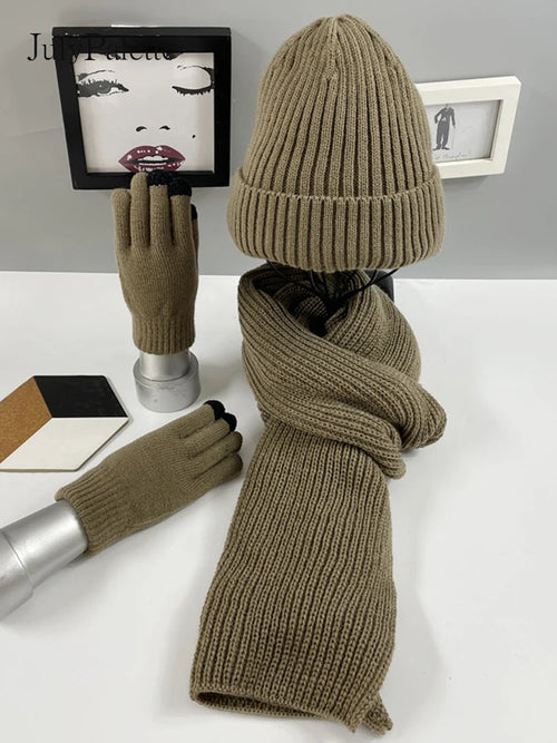 JulyPalette Solid Simple 3Pcs Knitted Set Winter Warm Beanie Hat Long