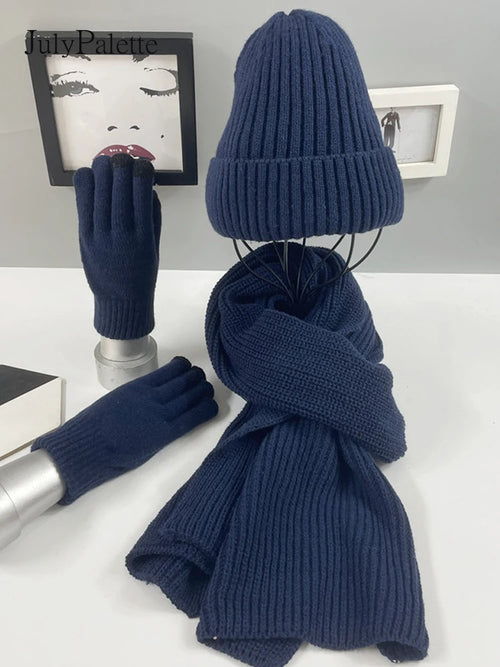 JulyPalette Solid Simple 3Pcs Knitted Set Winter Warm Beanie Hat Long