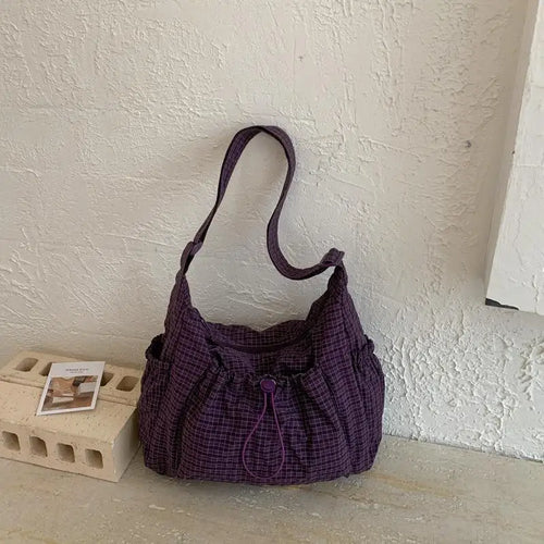 Korean Nylon Shoulder Bag Fashion Simple Plaid Zipper Tote Bag