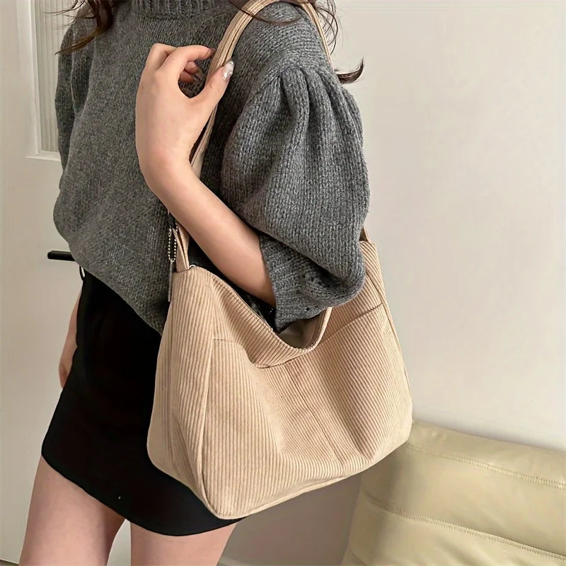 Women’s Corduroy Shoulder Bag, Casual Striped Large Capacity Tote with