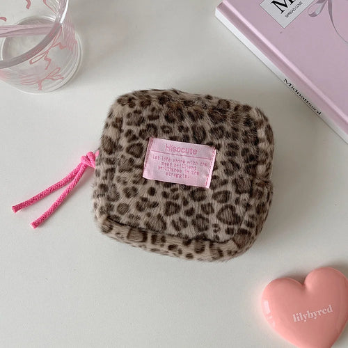 Fashion Trendy Plush Square Leopard Pattern Makeup Bag Winter Cute